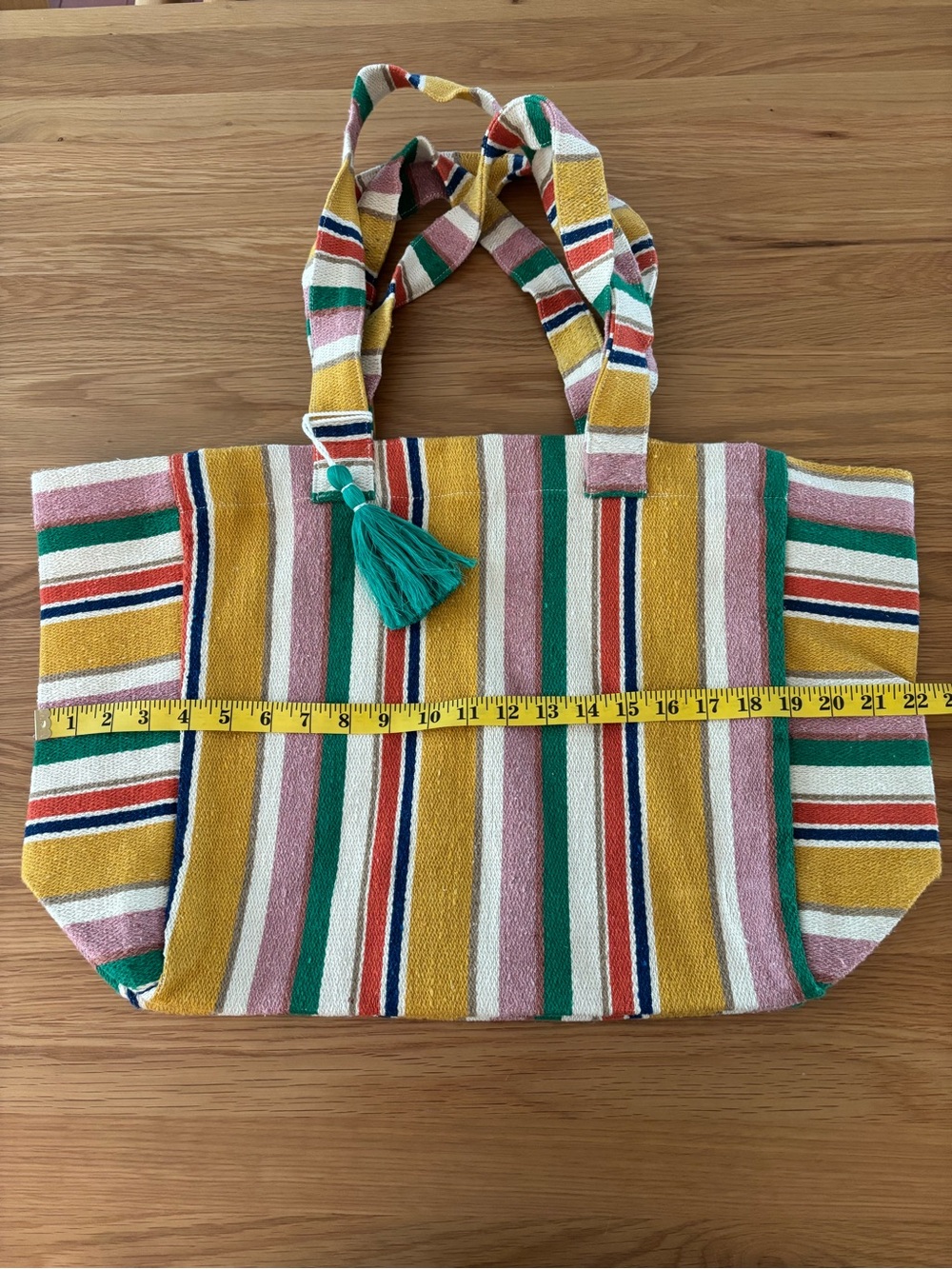 Striped Tote Bag with Tassel - Yellow, Green & Pink